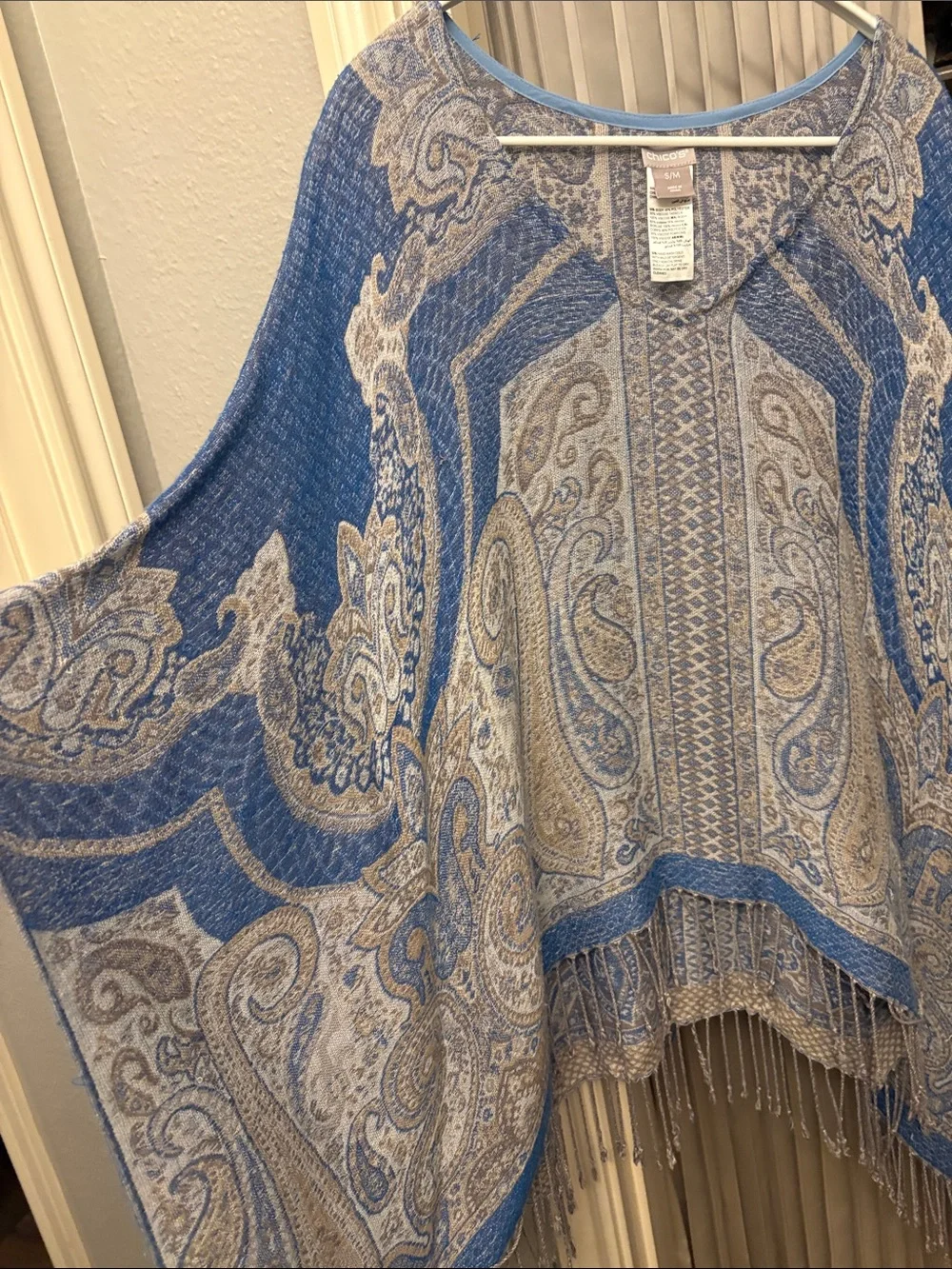 Chico’s Blue and khaki Paisley Fringe Poncho Top